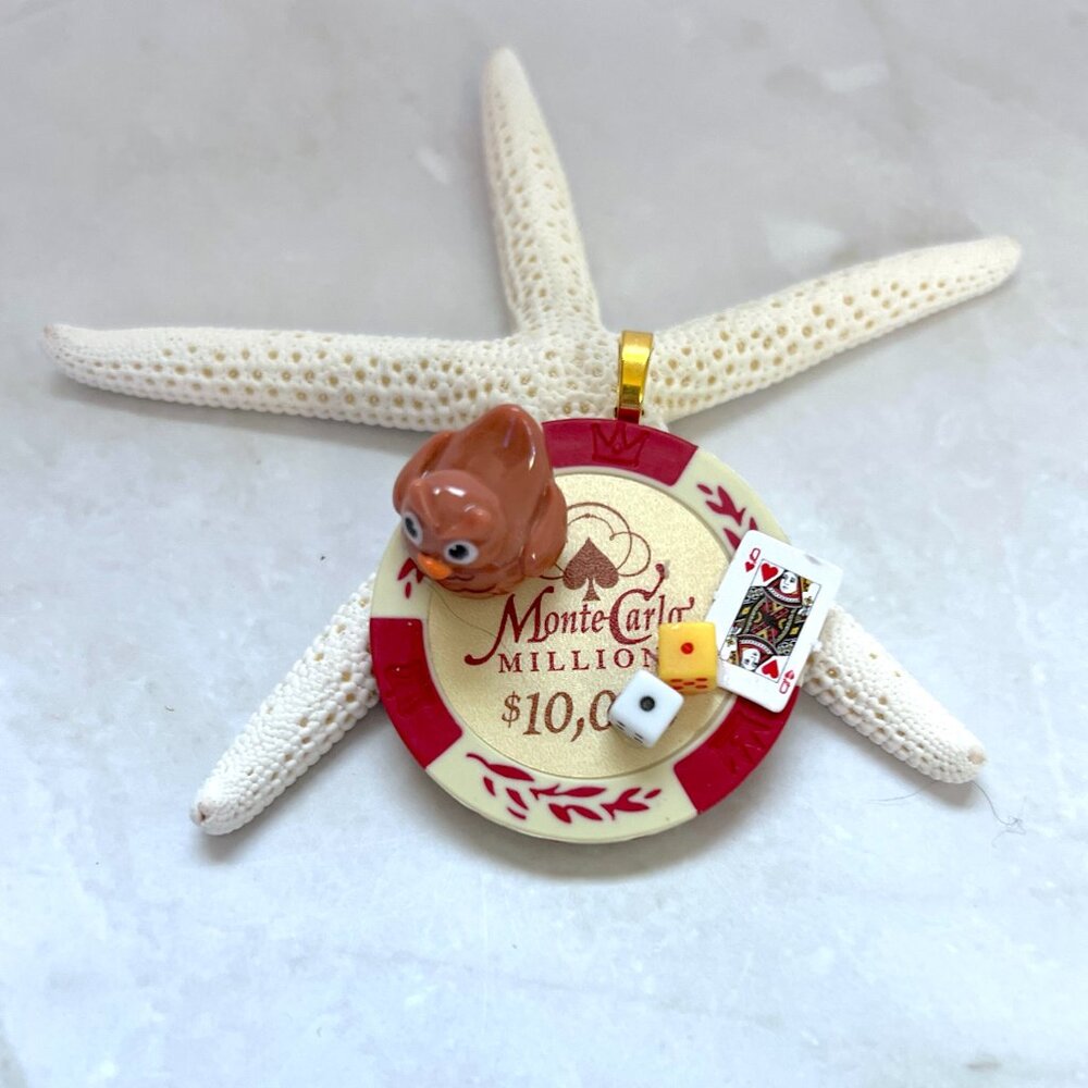 Owl Poker Chip Pendant - Lucky Animal Charm Necklace - Miniature Collector